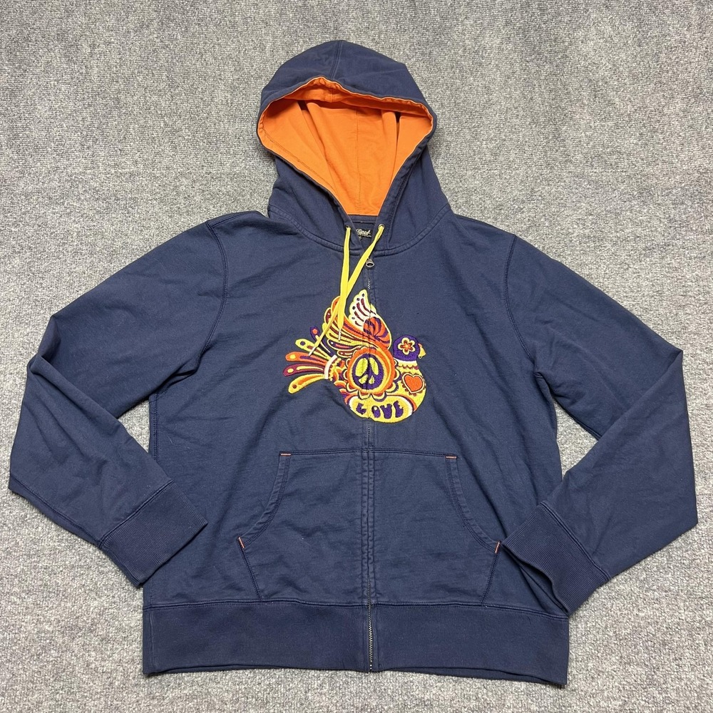 Vintage Y2K Lucky Brand Hoodie Women Large Blue Full Zip Graphic Peace Love Bird